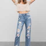 High Waist Ripped Raw Hem Girlfriend Jeans