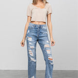 High Waist Ripped Raw Hem Girlfriend Jeans