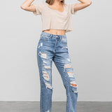 High Waist Ripped Raw Hem Girlfriend Jeans