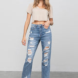 High Waist Ripped Raw Hem Girlfriend Jeans