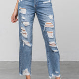 High Waist Ripped Raw Hem Girlfriend Jeans