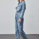 Belted Collared Button Front Denim Jumpsuit