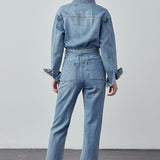 Belted Collared Button Front Denim Jumpsuit