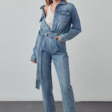 Belted Collared Button Front Denim Jumpsuit