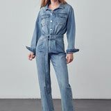 Belted Collared Button Front Denim Jumpsuit