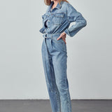 Belted Collared Button Front Denim Jumpsuit