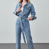 Belted Collared Button Front Denim Jumpsuit