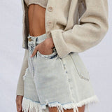 High Rise Frayed Denim Shorts