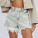 High Rise Frayed Denim Shorts