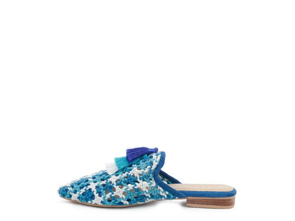 MARIANA WOVEN FLAT MULES WITH TASSELS