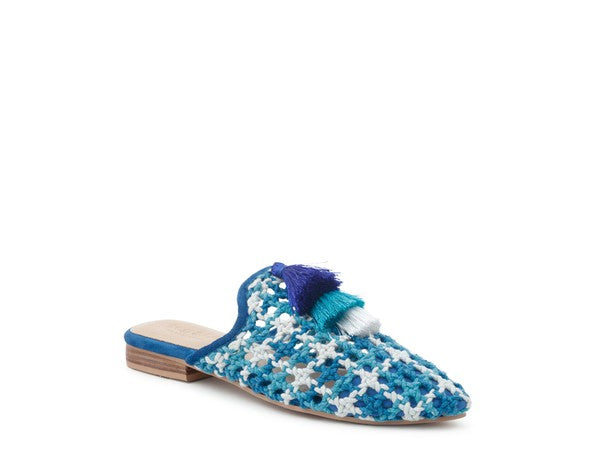 MARIANA WOVEN FLAT MULES WITH TASSELS
