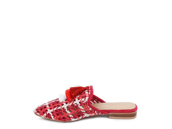 MARIANA WOVEN FLAT MULES WITH TASSELS