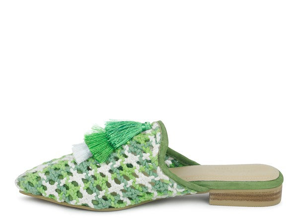 MARIANA WOVEN FLAT MULES WITH TASSELS