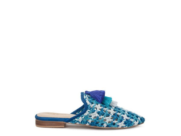 MARIANA WOVEN FLAT MULES WITH TASSELS