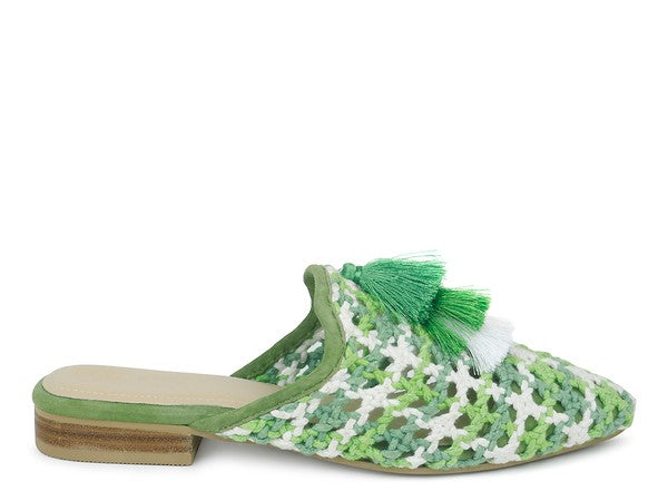 MARIANA WOVEN FLAT MULES WITH TASSELS