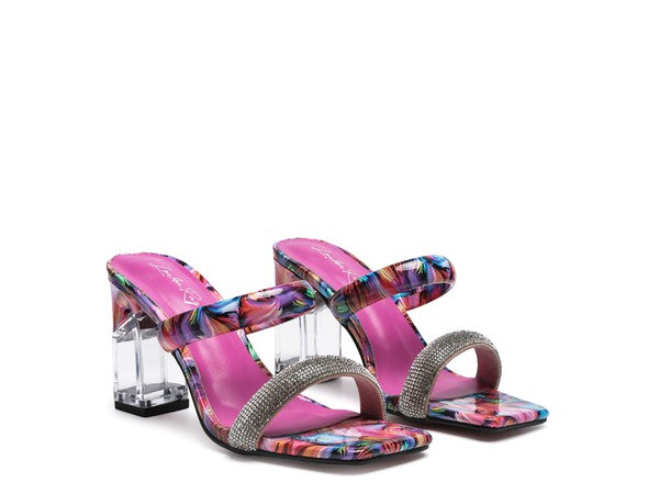 Clear Block Heeled Marble Print Slides