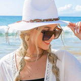 Beaded Belt Straw Panama Fedora Hat