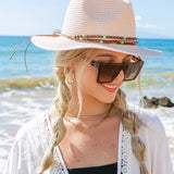 Beaded Belt Straw Panama Fedora Hat