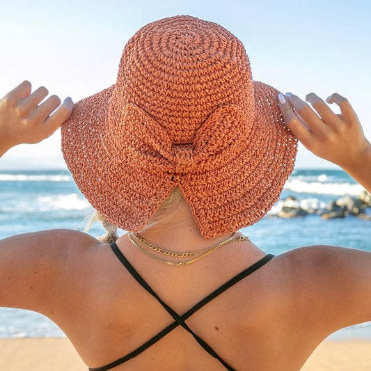 Bow Accent Woven Straw Bucket Sun Hat