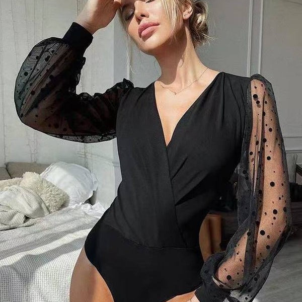 Crotch Polka dot mesh Long Sleeve V Neck Bodysuit