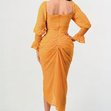 Summer solid yellow long sleeve chiffon dress