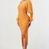 Summer solid yellow long sleeve chiffon dress