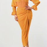 Summer solid yellow long sleeve chiffon dress