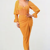 Summer solid yellow long sleeve chiffon dress