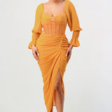 Summer solid yellow long sleeve chiffon dress