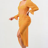 Summer solid yellow long sleeve chiffon dress