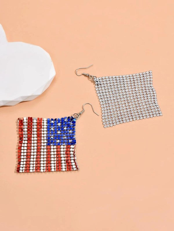 Mesh square drop earrings with American Flag printed