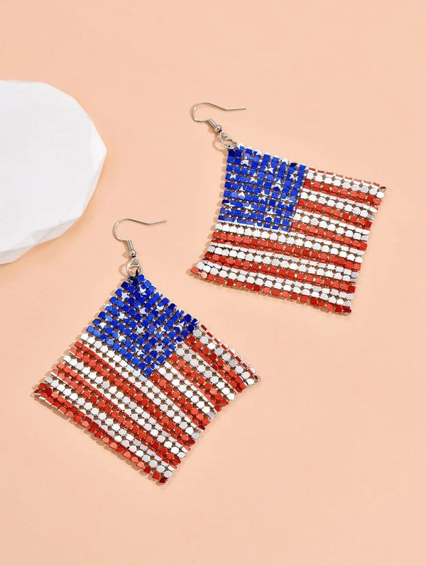 Mesh square drop earrings with American Flag printed