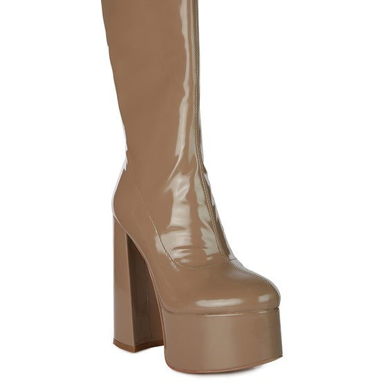 VINKELE Patent PU Platform Heeled Calf Boots