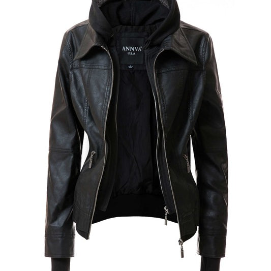 Women's Hood PU Leather Jacket