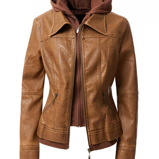 Women's Hood PU Leather Jacket