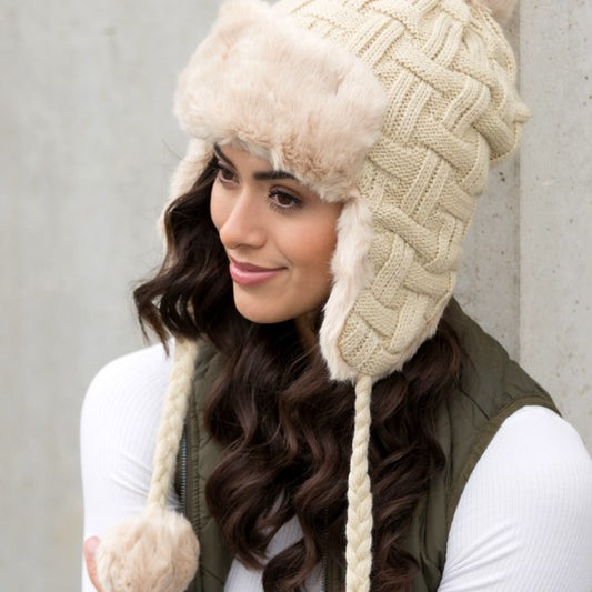 Cable Weave Pom Trapper Hat