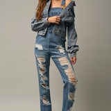 High Waist Heavy Distressed Straight Overalls