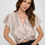 Satin Short Sleeve Top with Front Twist