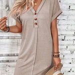 Quarter Button V-Neck Short Sleeve Dress