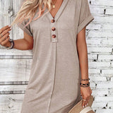 Quarter Button V-Neck Short Sleeve Dress