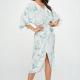 Tropical Leaf Print Kimono Dress with Front Twist