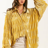 Wrinkle Effect Tiered Shirring Velvet Shirt