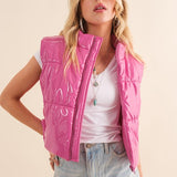 Gloss Shiny PU Quilted Puffer Zip Up Crop Vest