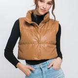 PU Faux Leather puffer West With Snap Button