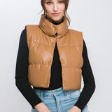 PU Faux Leather puffer West With Snap Button