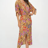 Leaf Print Kimono Dress with Front Twist