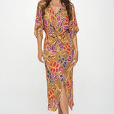 Leaf Print Kimono Dress with Front Twist