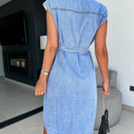 Collared Cap Sleeve Denim Dress