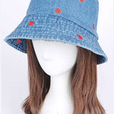Heart Embroidered Denim Bucket Hat