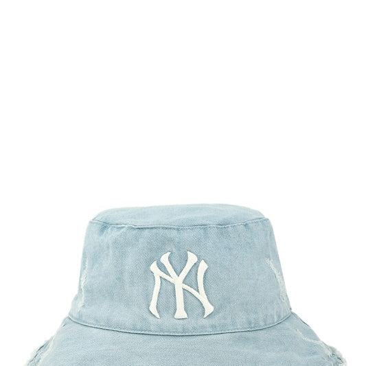 Distressed Denim NY Bucket Hat with Wired Brim